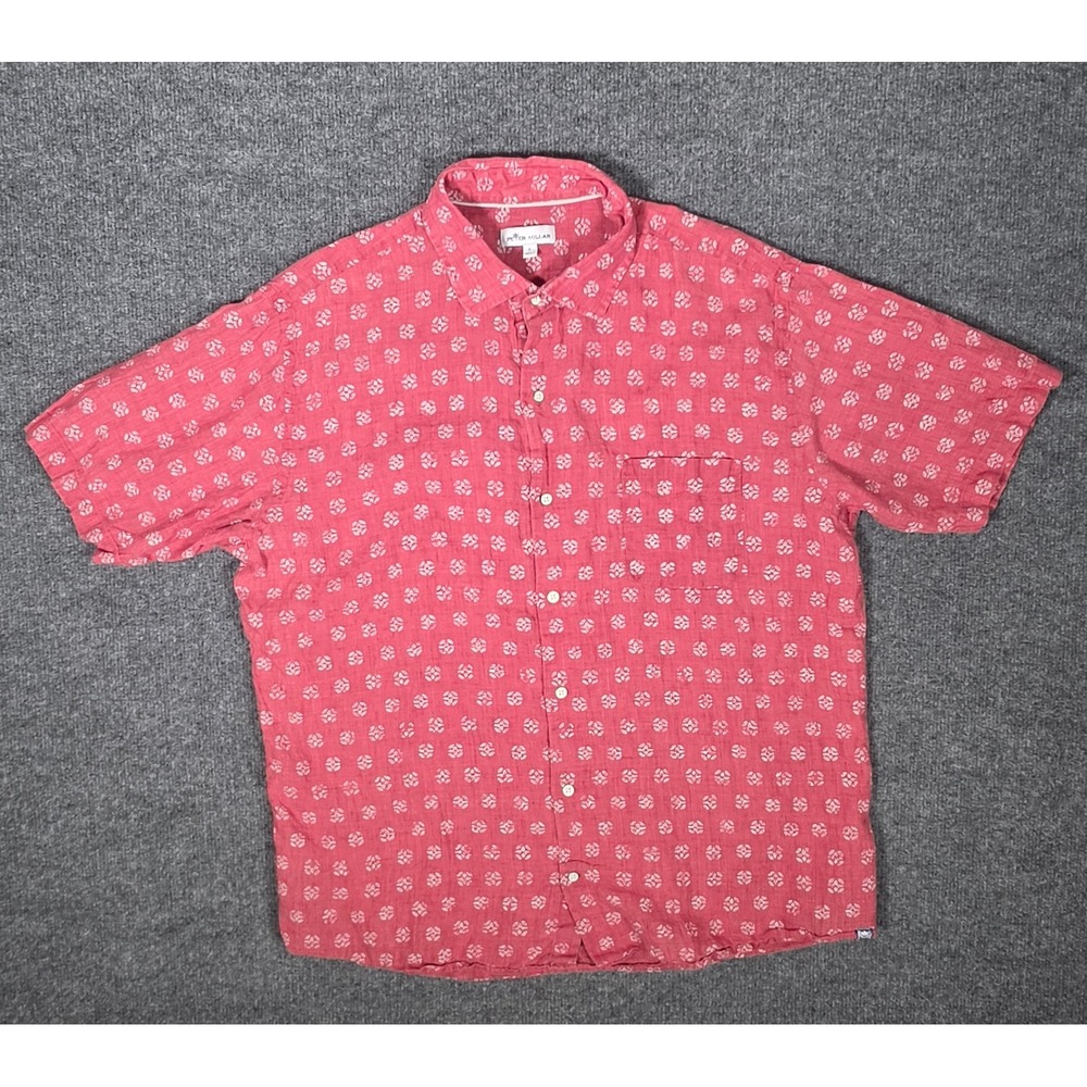 Peter Millar Men Red 100% Linen Short Sleeve Button Down Shirt Medallion Print L